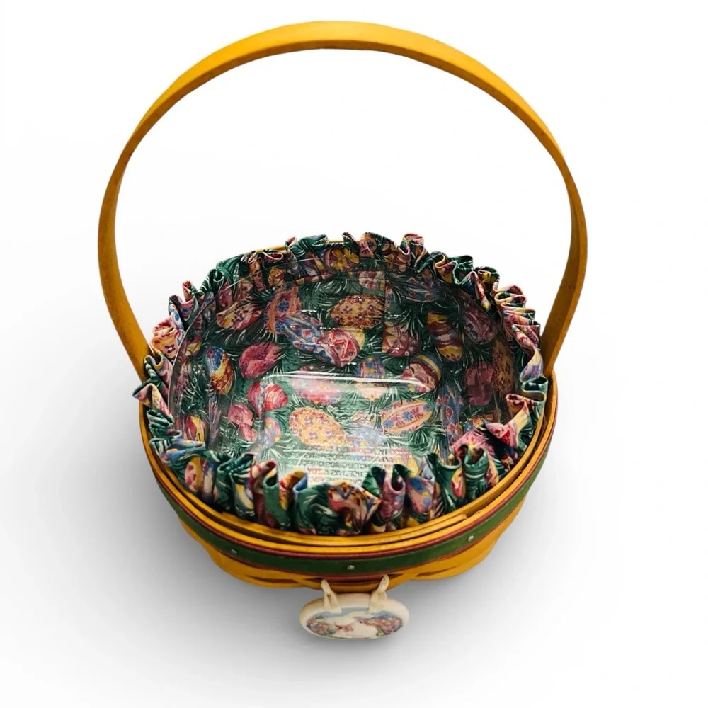 Longaberger Easter Basket, featuring a wooden bunny tie-on and fabric liner 1999